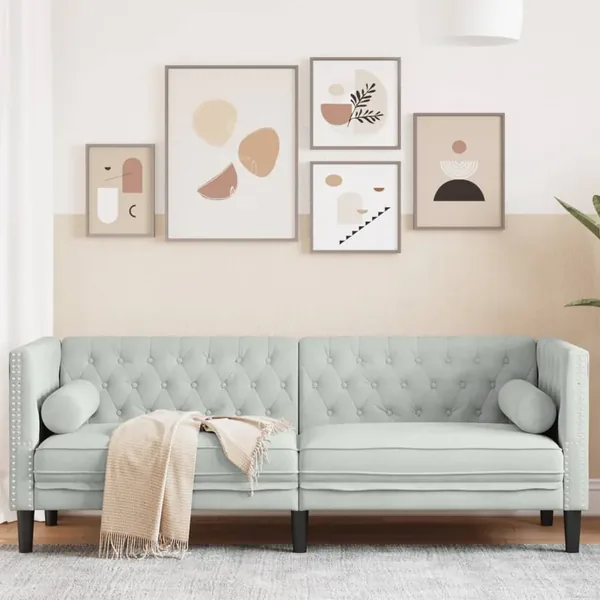 Canapé Chesterfield avec traversins 3 places gris clair velours