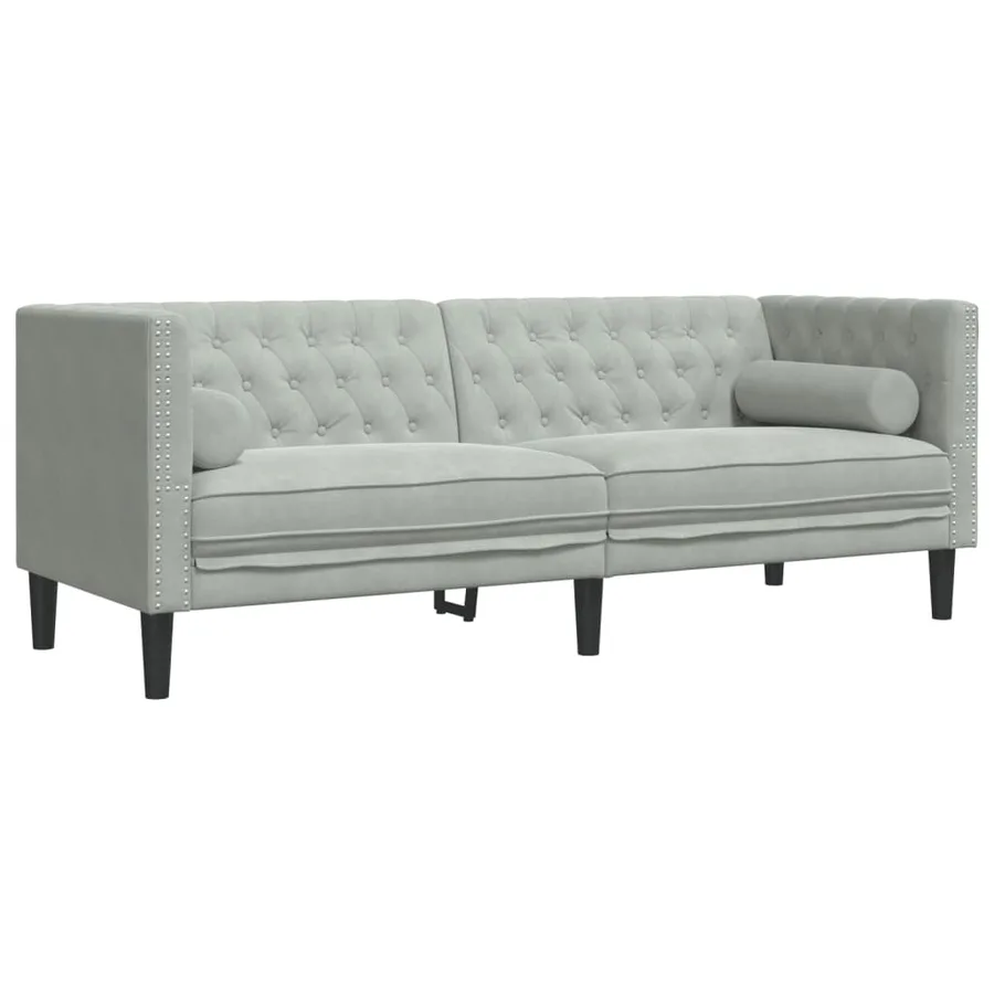 Canapé Chesterfield avec traversins 3 places gris clair velours - 2