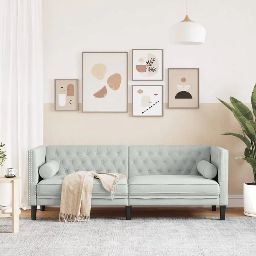 Canapé Chesterfield avec traversins 3 places gris clair velours - 3