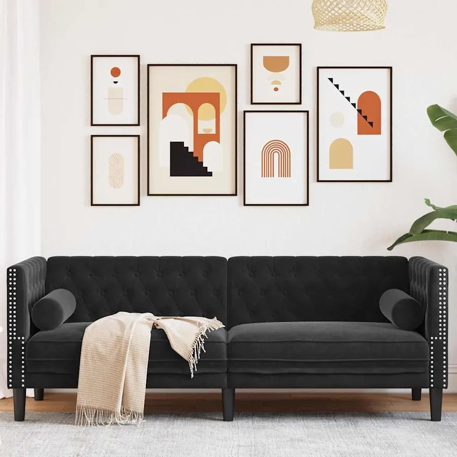 Canapé Chesterfield avec traversins 3 places noir velours