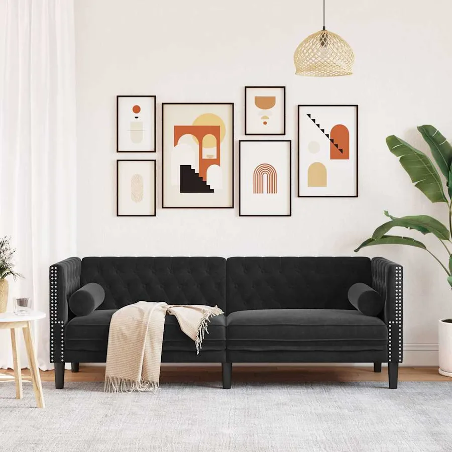 Canapé Chesterfield avec traversins 3 places noir velours - 3
