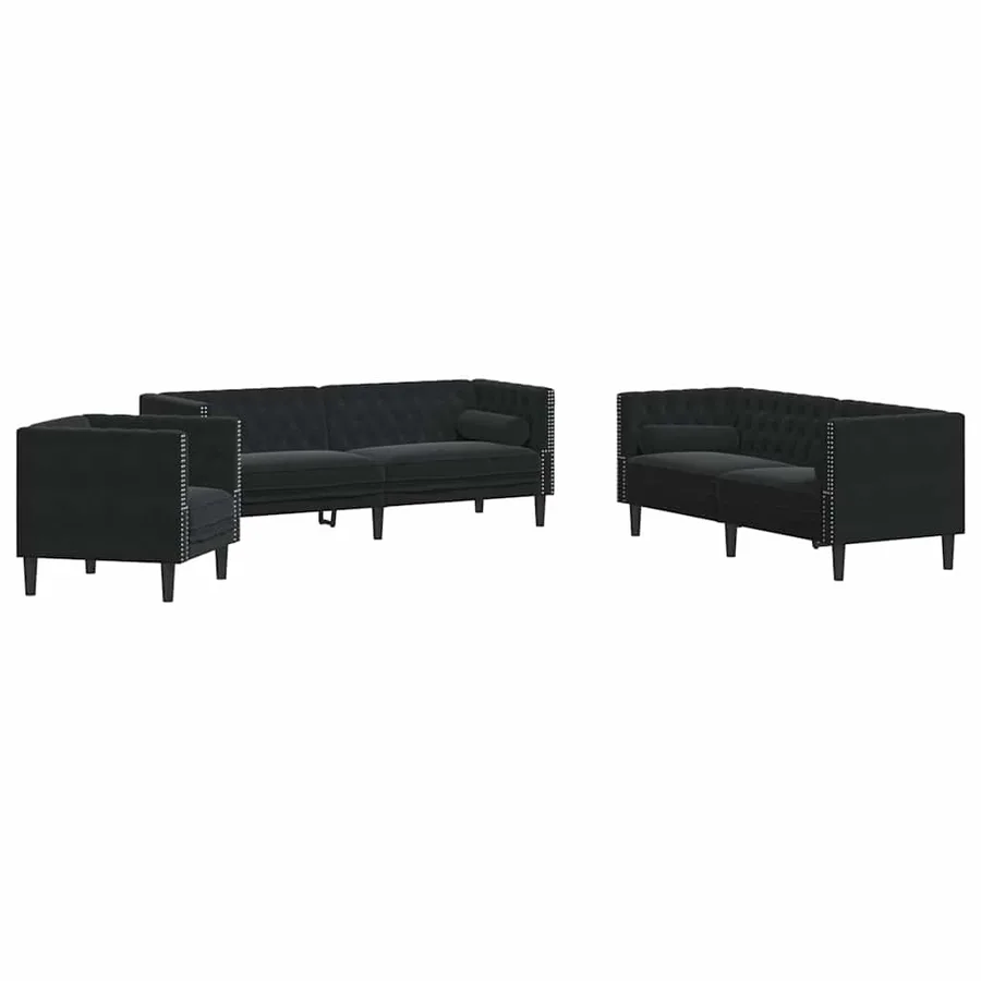 Ensemble de canapé Chesterfield et traversins 3pcs noir velours - 2