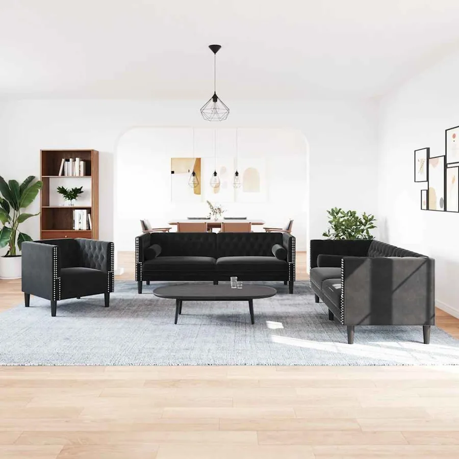 Ensemble de canapé Chesterfield et traversins 3pcs noir velours - 3