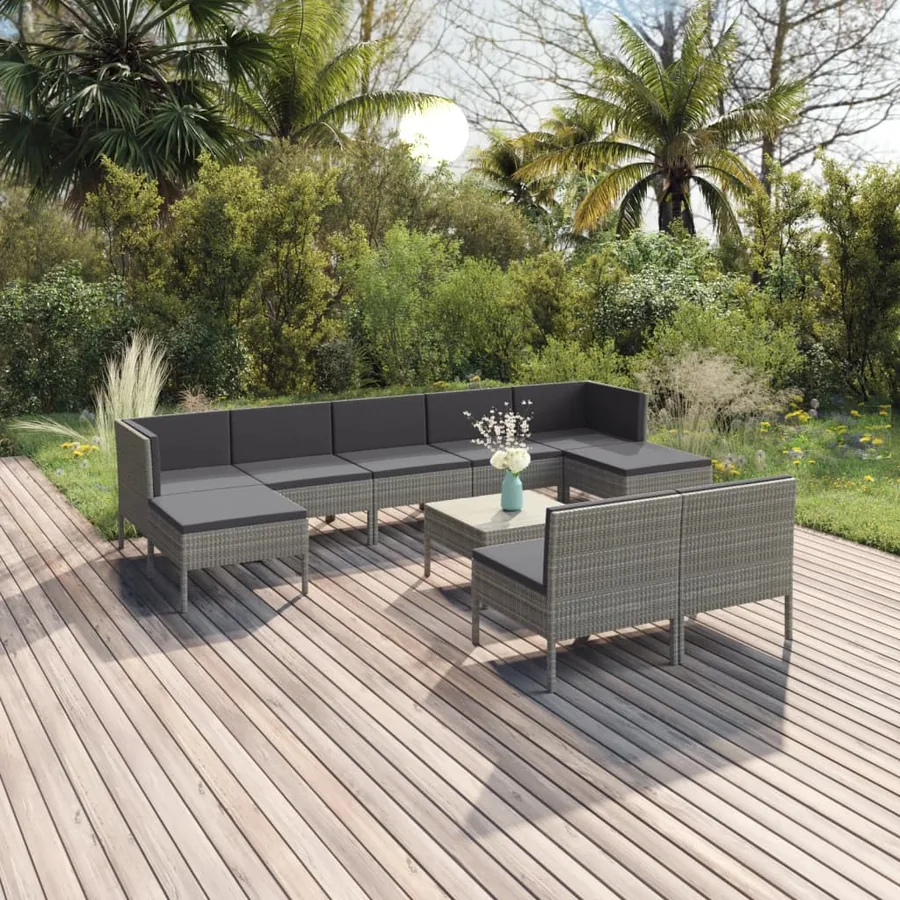 Salon de jardin 10 pcs avec coussins Résine tressée Gris