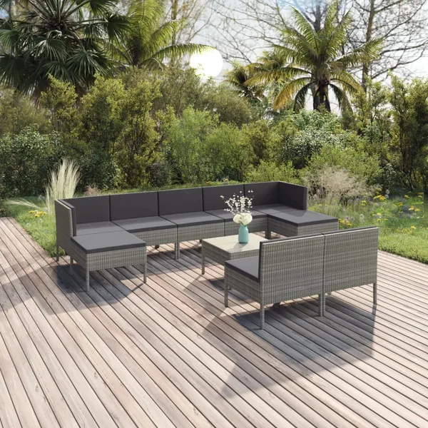 Salon de jardin 10 pcs avec coussins Résine tressée Gris