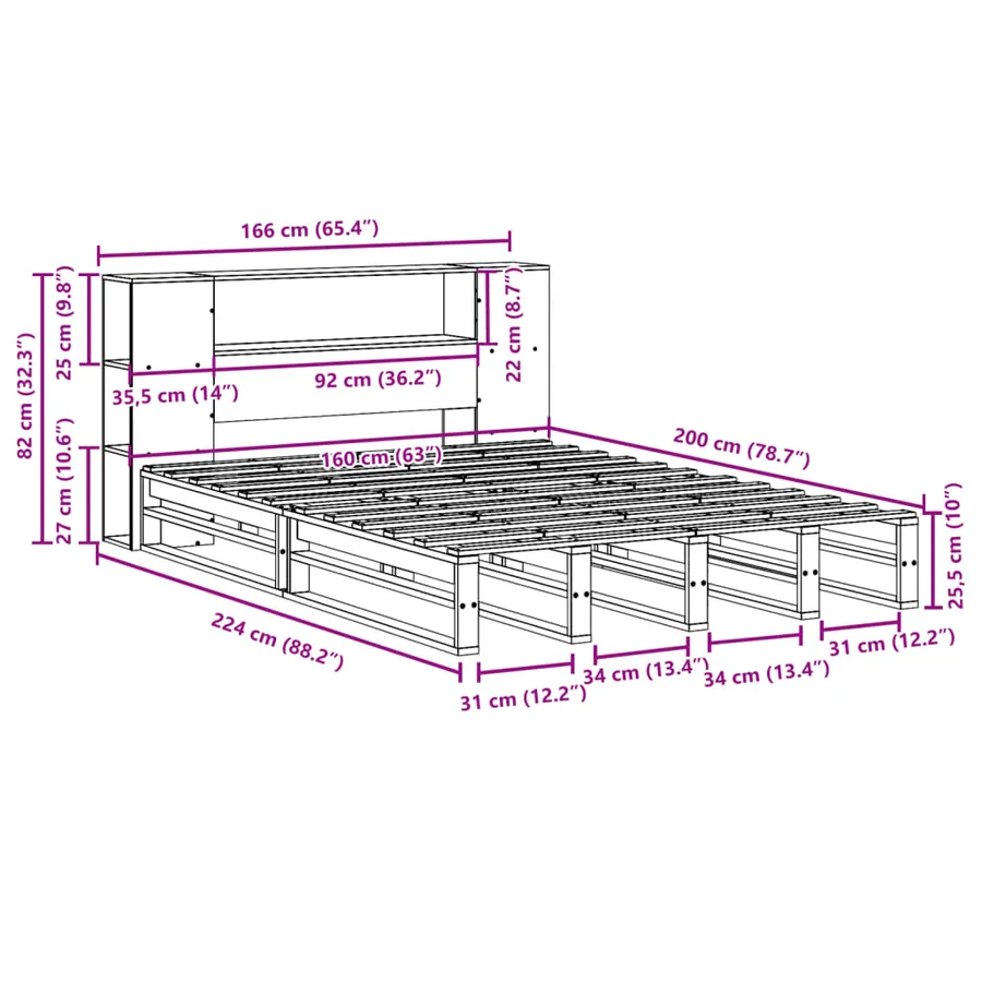 Lit bibliothèque sans matelas 160x200 cm bois massif - 12