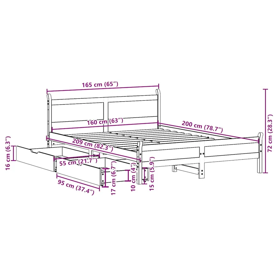 Cadre de lit sans matelas 160x200 cm bois massif de pin - 12