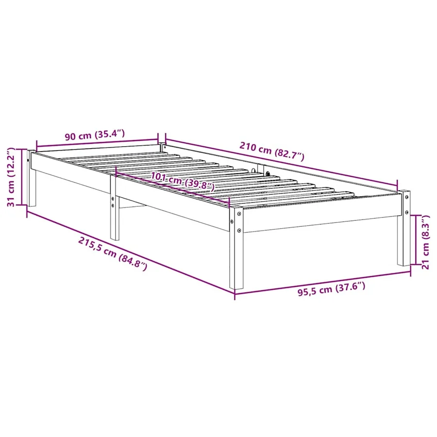 Cadre de lit extra long sans matelas 90x210 cm bois massif pin - 9