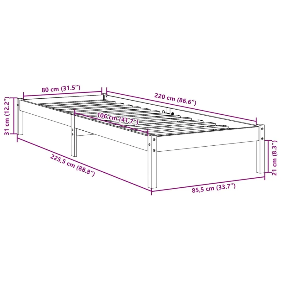 Cadre de lit extra long sans matelas 80x220 cm bois massif pin - 9