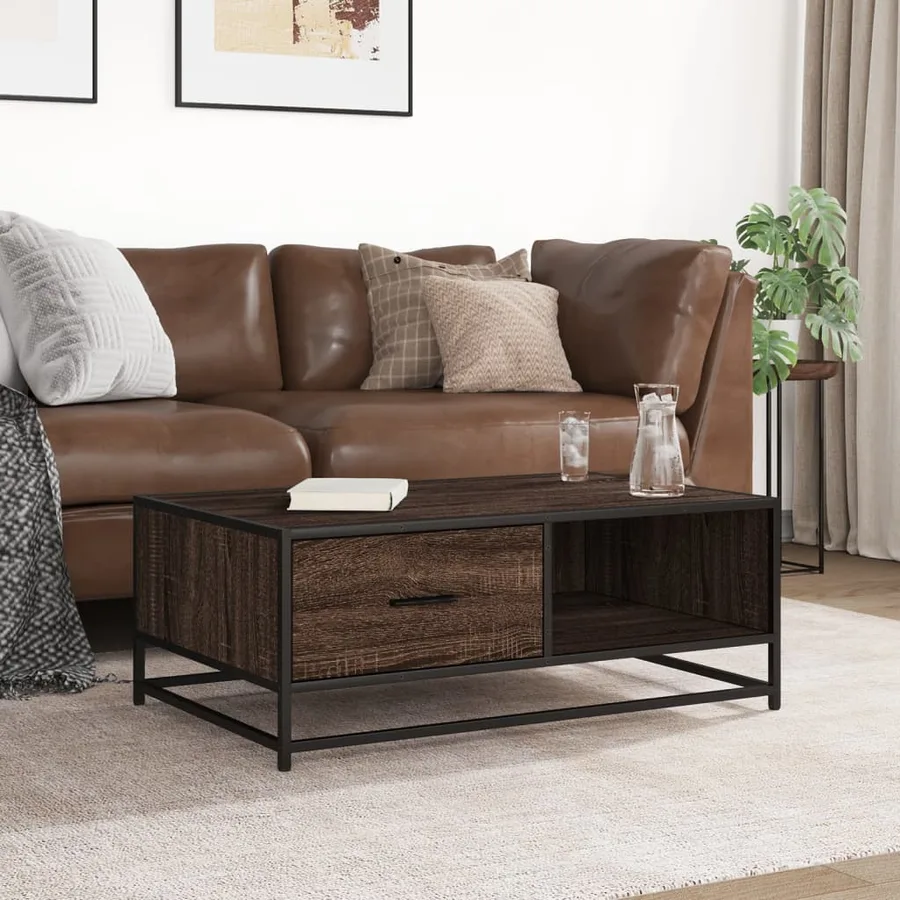 Table basse chêne marron 90x57x35 cm bois d'ingénierie et métal - 3