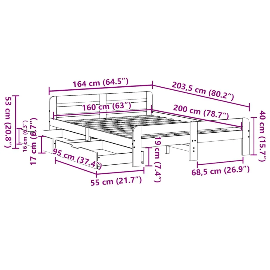 Cadre de lit sans matelas cire marron 160x200cm bois pin massif - 12