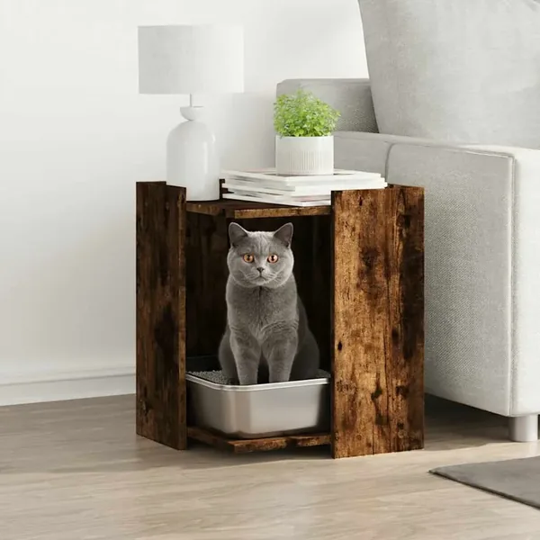 Meuble de bac à litière pour chat chêne fumé bois d'ingénierie
