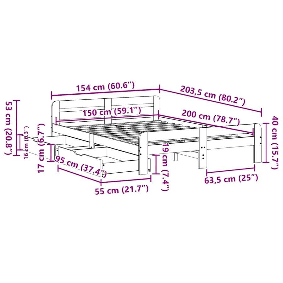 Cadre de lit sans matelas blanc 150x200 cm bois de pin massif - 12