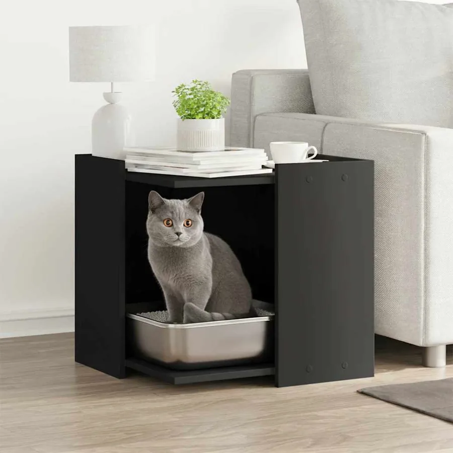 Meuble de bac à litière pour chat noir bois d'ingénierie