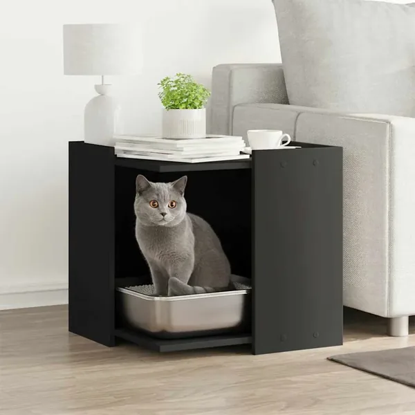 Meuble de bac à litière pour chat noir bois d'ingénierie