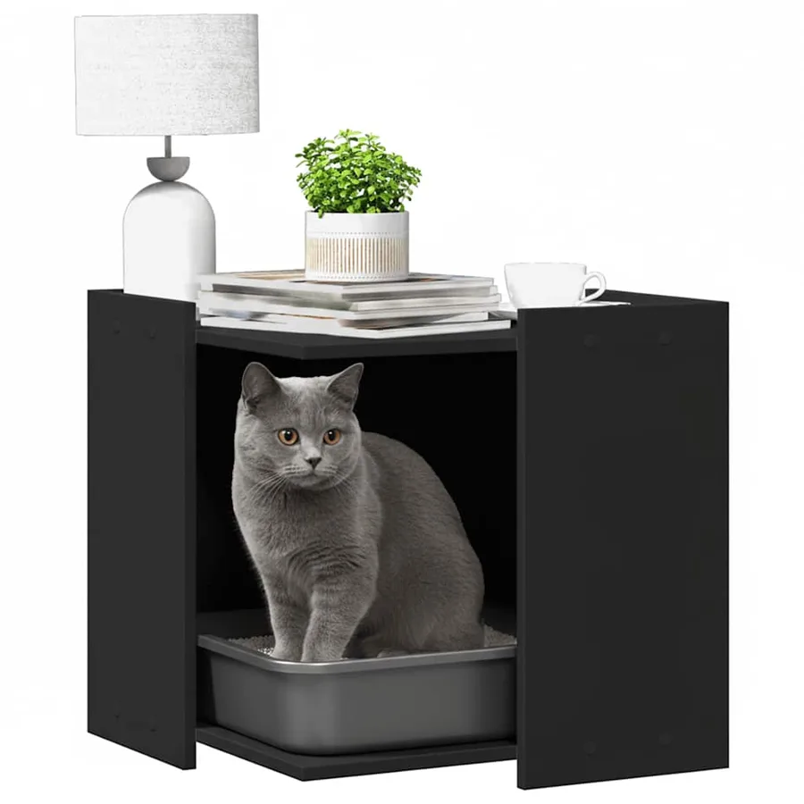Meuble de bac à litière pour chat noir bois d'ingénierie - 3