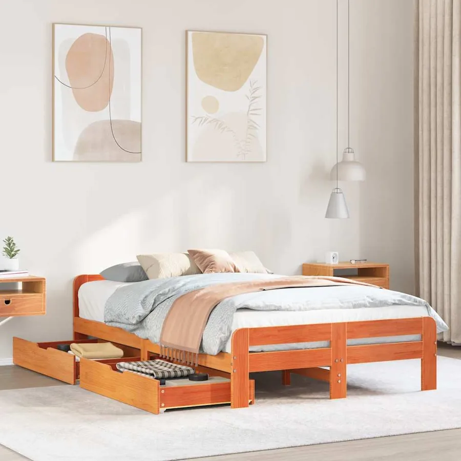 Cadre de lit sans matelas cire marron 135x190cm bois pin massif