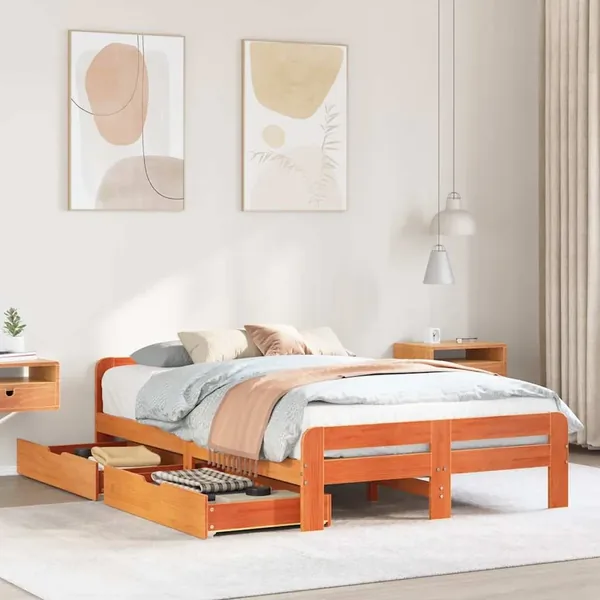 Cadre de lit sans matelas cire marron 135x190cm bois pin massif