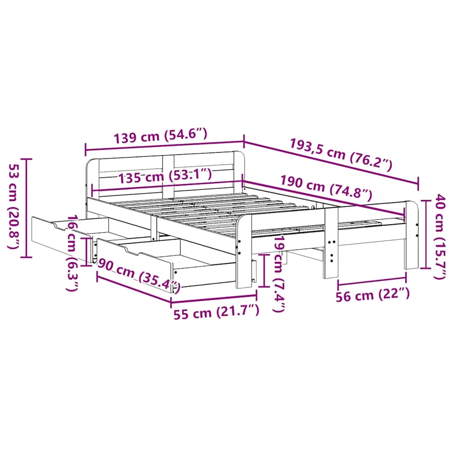 Cadre de lit sans matelas cire marron 135x190cm bois pin massif - 12