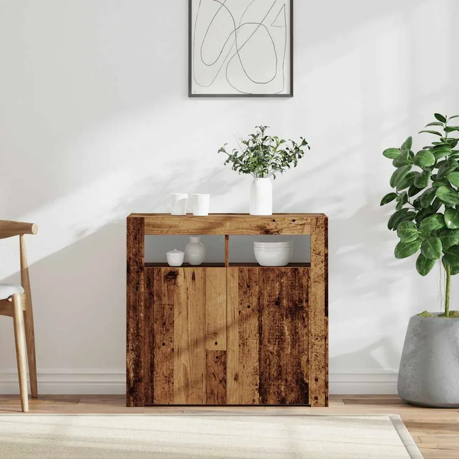 Buffet et lumières LED vieux bois 80x35x75 cm bois d'ingénierie