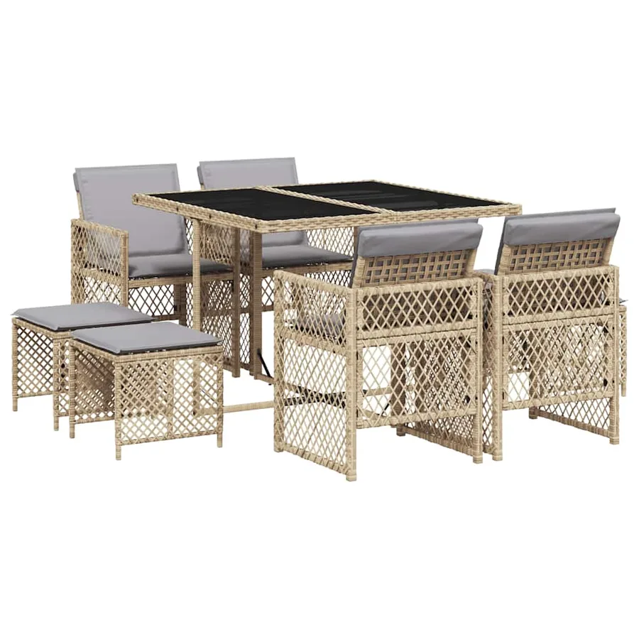 Ensemble à manger de jardin et coussins 9 pcs beige Poly rotin - 2