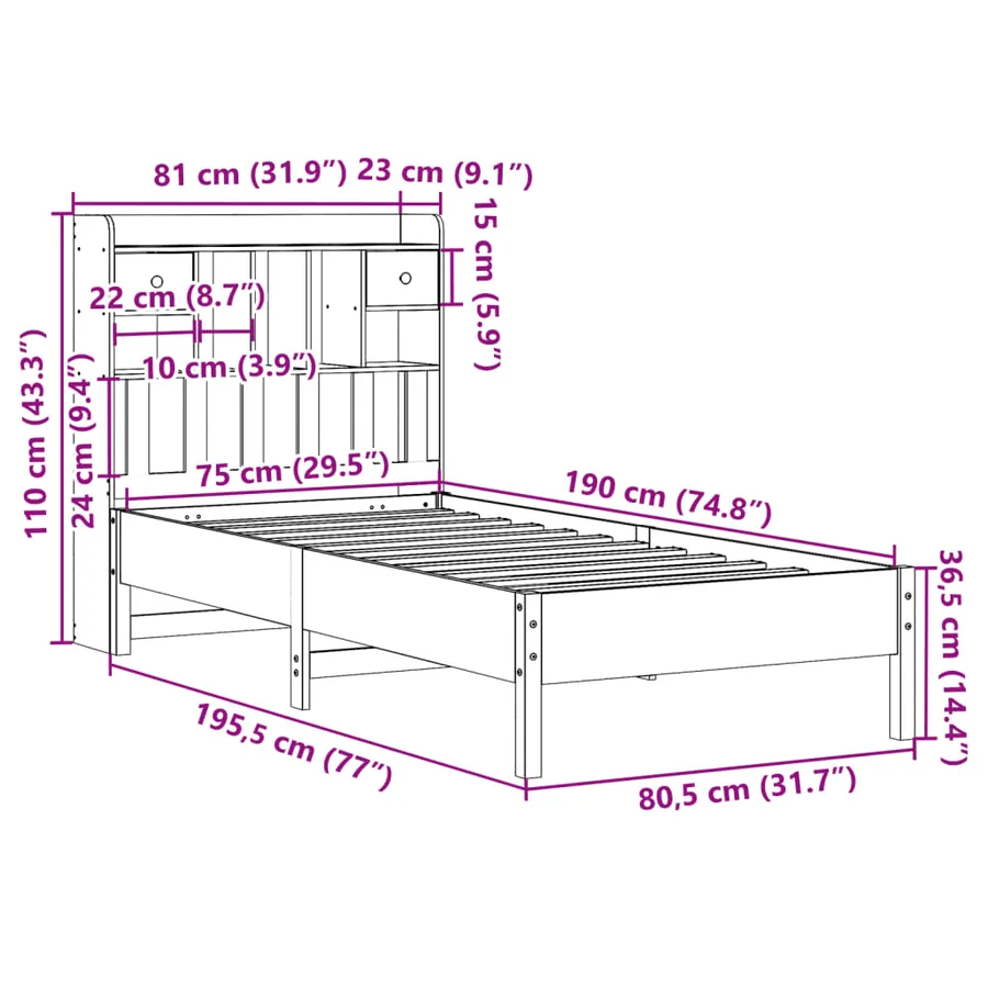 Lit bibliothèque sans matelas cire marron 75x190 cm pin massif - 11