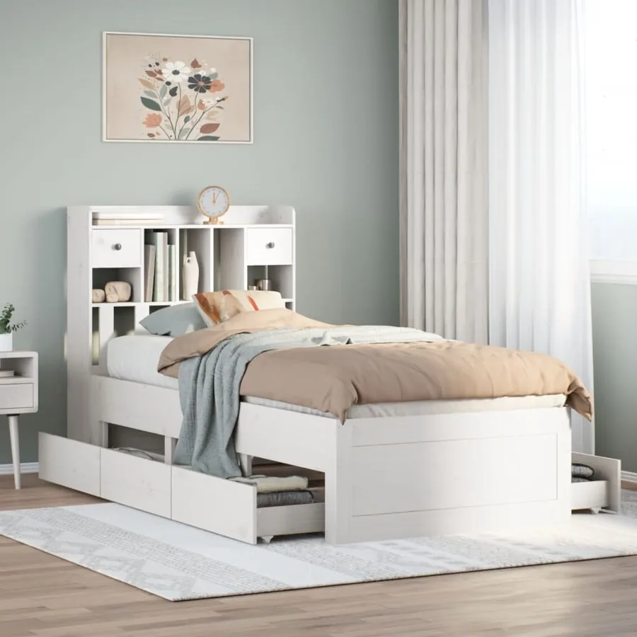 Lit bibliothèque sans matelas blanc 90x190cm bois de pin massif