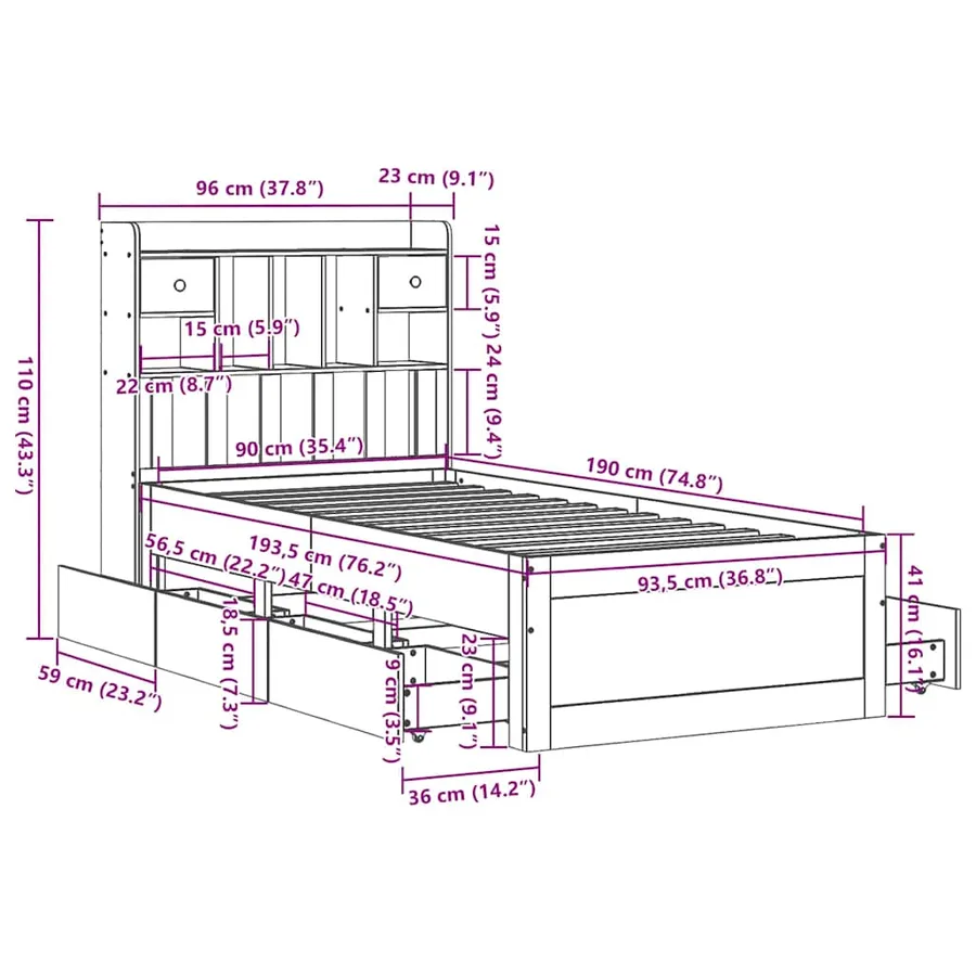Lit bibliothèque sans matelas blanc 90x190cm bois de pin massif - 15
