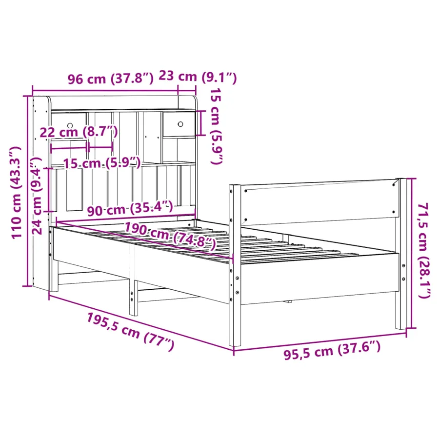 Lit bibliothèque sans matelas blanc 90x190cm bois de pin massif - 11