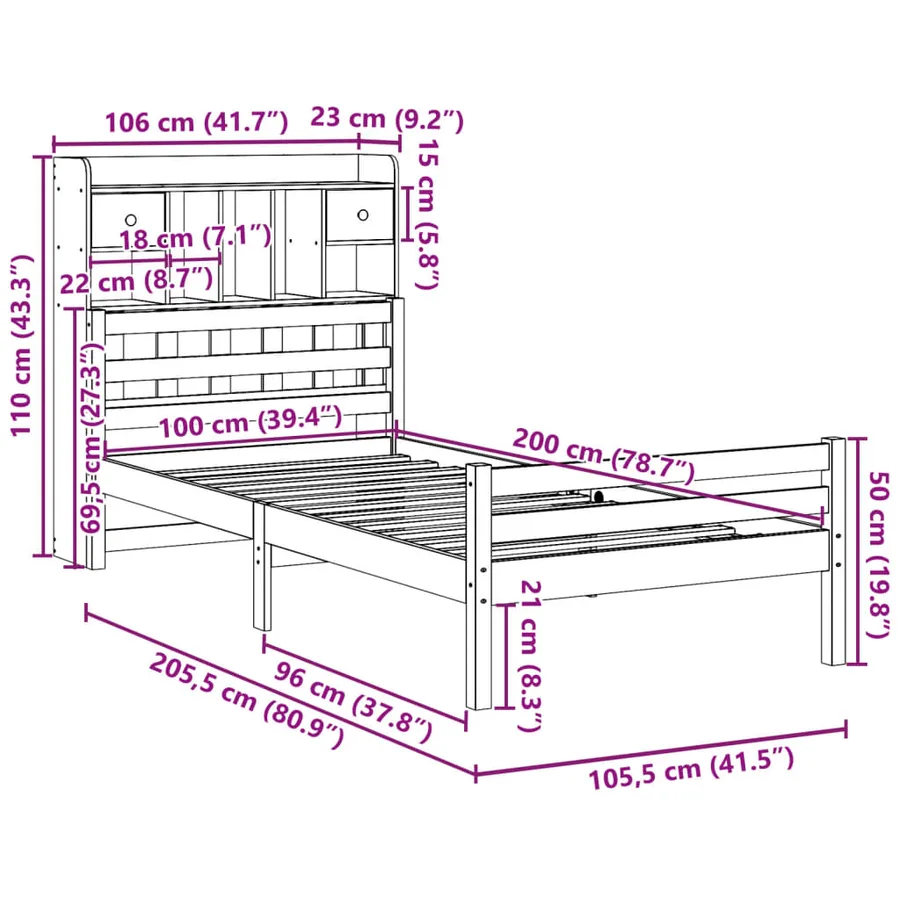 Lit bibliothèque sans matelas 100x200 cm bois massif de pin - 11