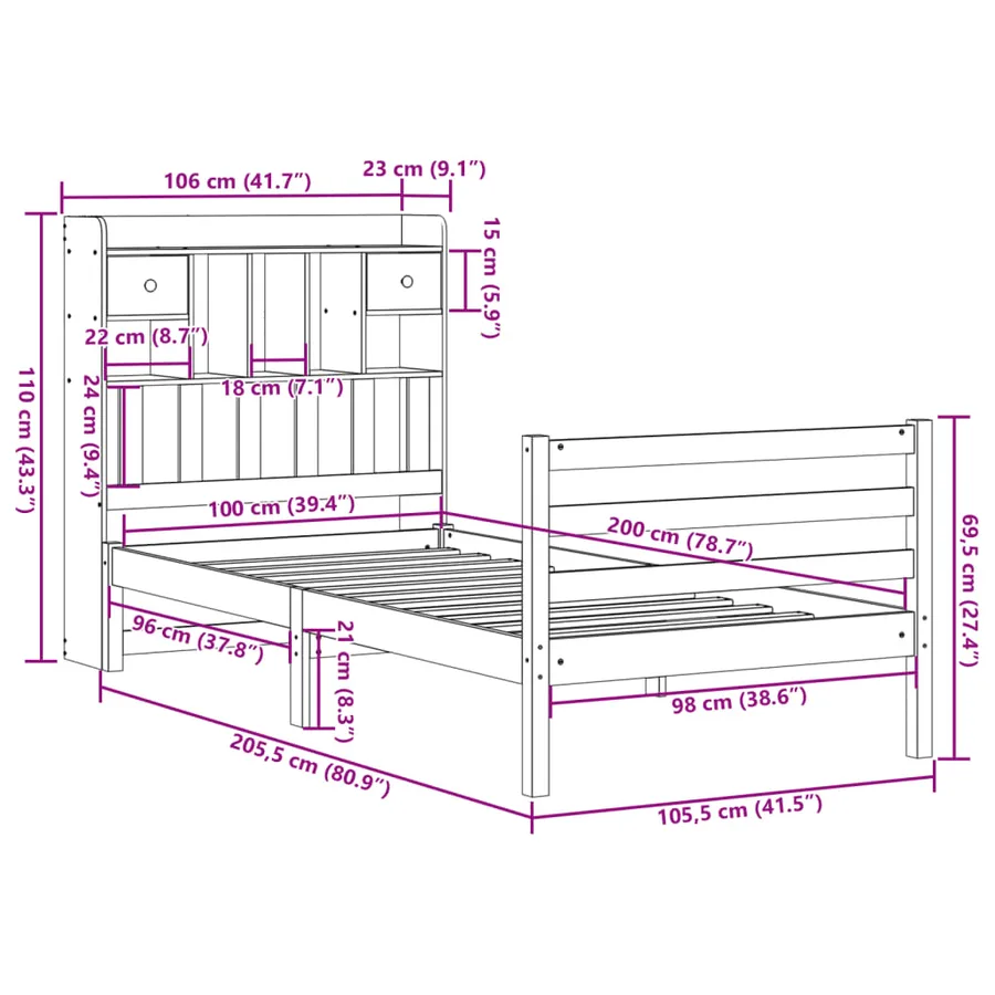 Lit bibliothèque sans matelas 100x200 cm bois massif de pin - 11