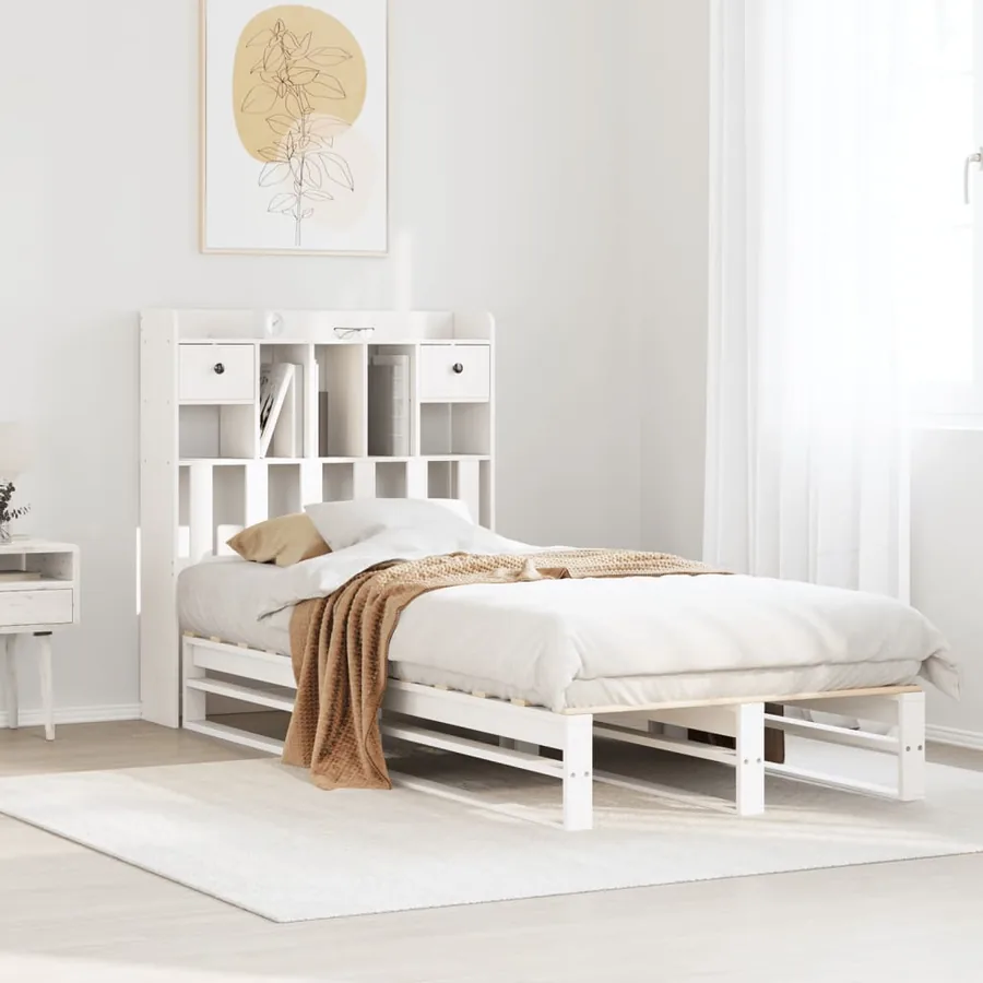 Lit bibliothèque sans matelas blanc 90x190cm bois de pin massif