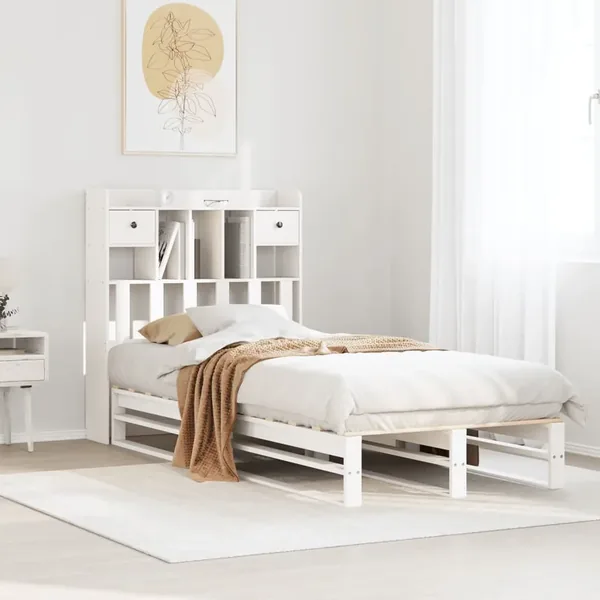 Lit bibliothèque sans matelas blanc 90x190cm bois de pin massif