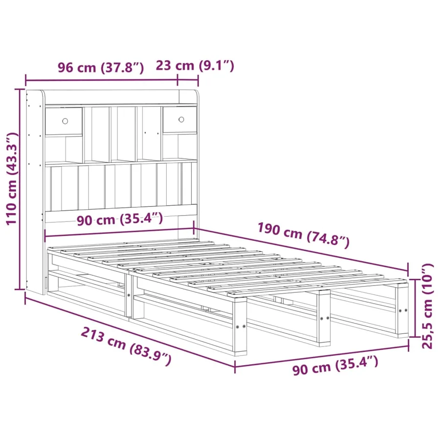 Lit bibliothèque sans matelas blanc 90x190cm bois de pin massif - 12