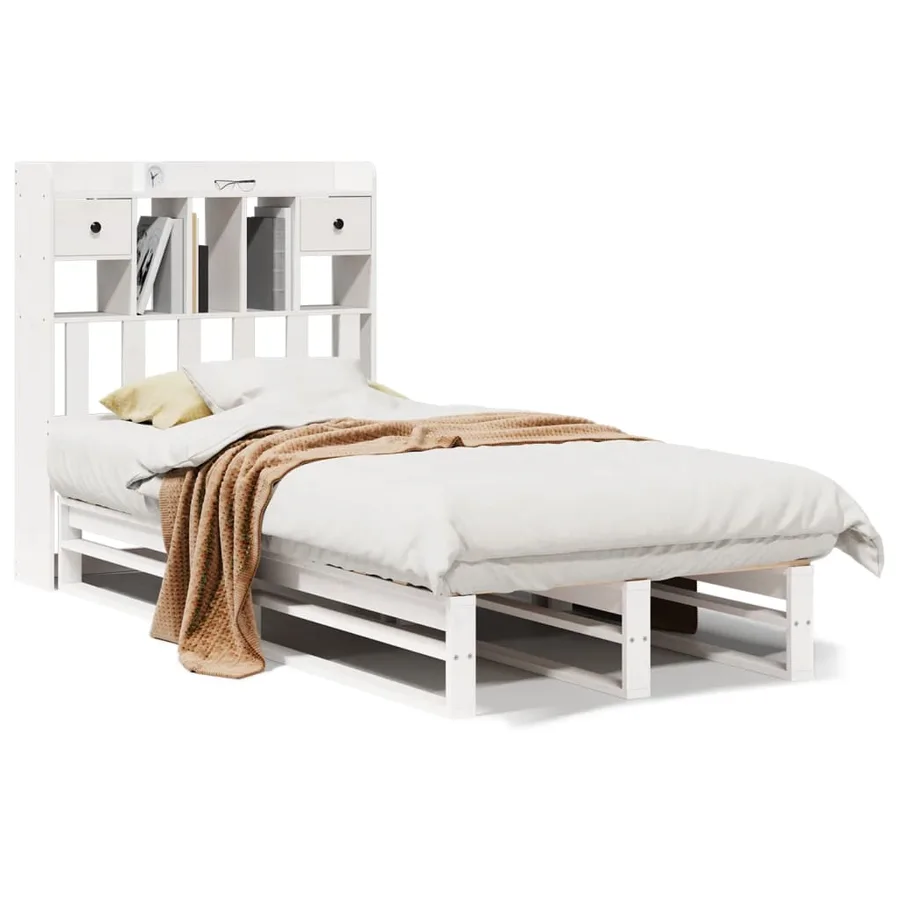 Lit bibliothèque sans matelas blanc 90x190cm bois de pin massif - 2