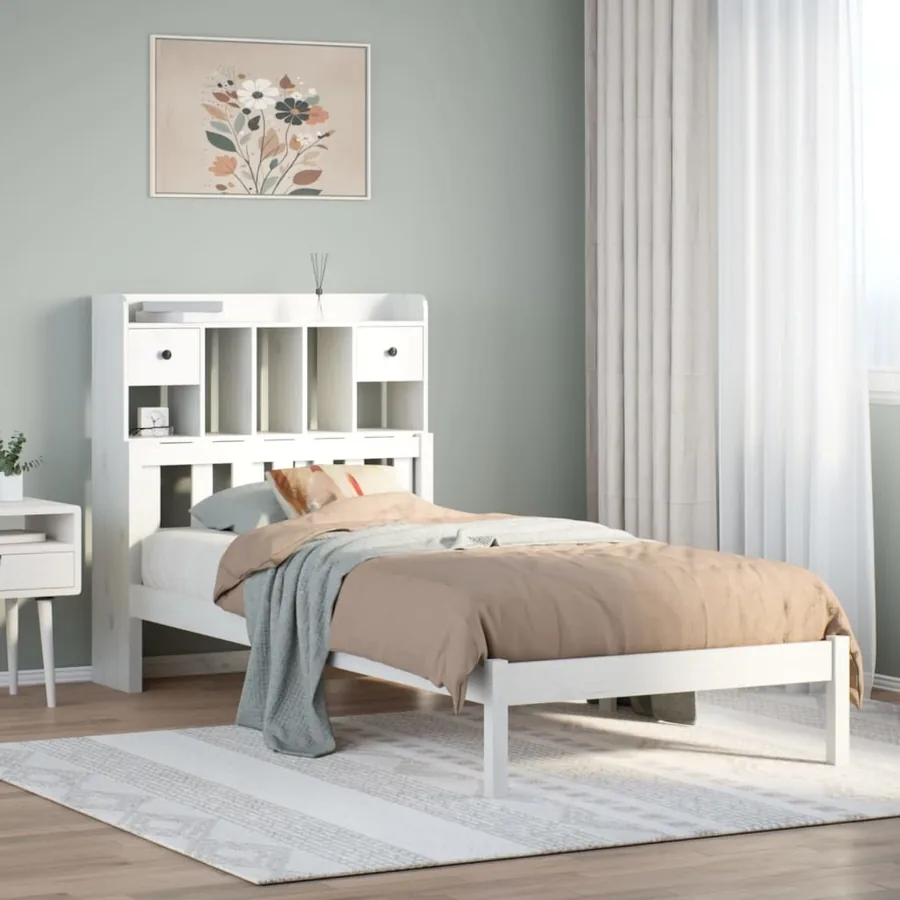 Lit bibliothèque sans matelas blanc 90x200cm bois de pin massif