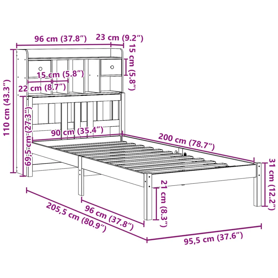 Lit bibliothèque sans matelas blanc 90x200cm bois de pin massif - 11