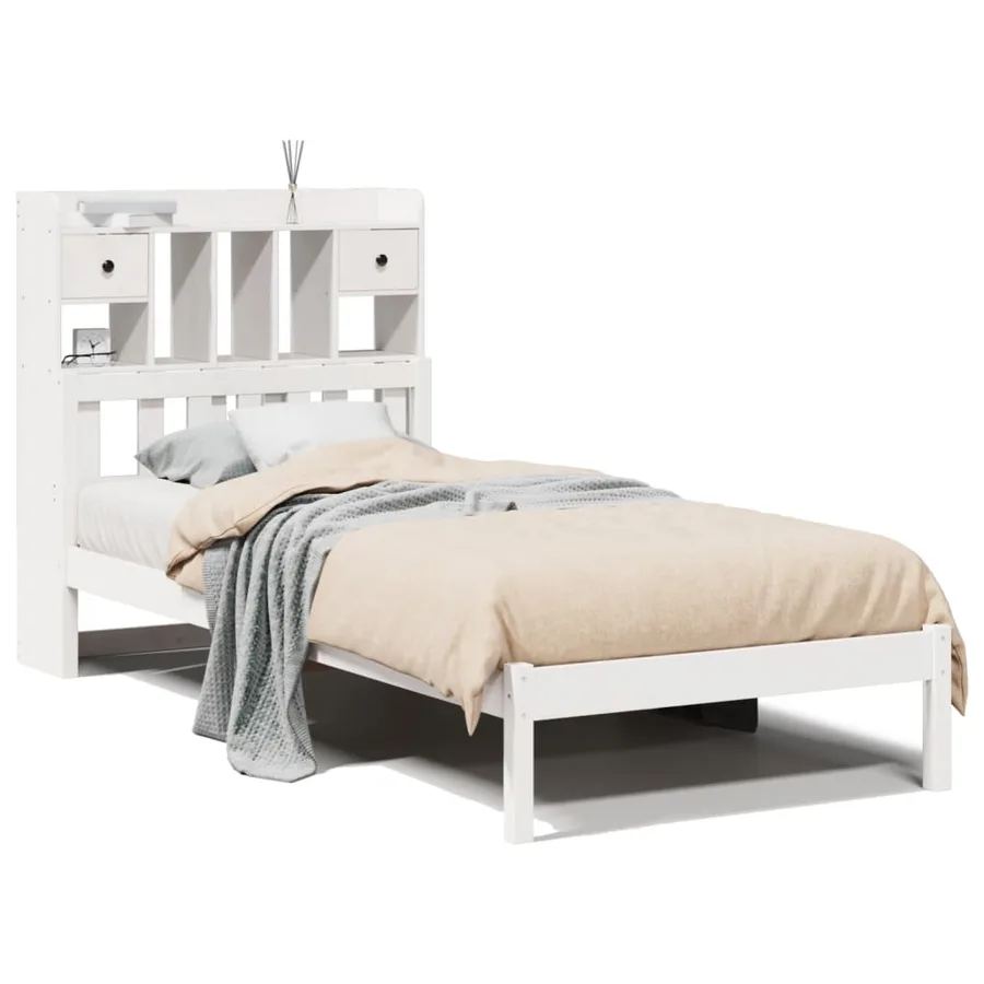 Lit bibliothèque sans matelas blanc 90x200cm bois de pin massif - 2