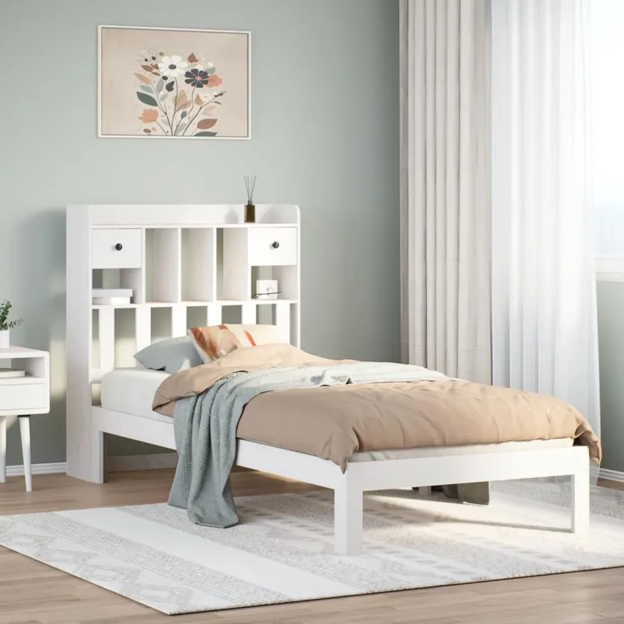 Lit bibliothèque sans matelas blanc 90x200cm bois de pin massif