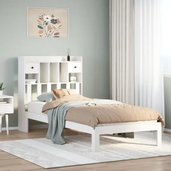 Lit bibliothèque sans matelas blanc 90x200cm bois de pin massif