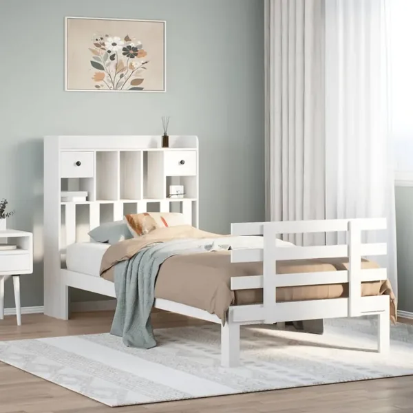 Lit bibliothèque sans matelas blanc 90x190cm bois de pin massif