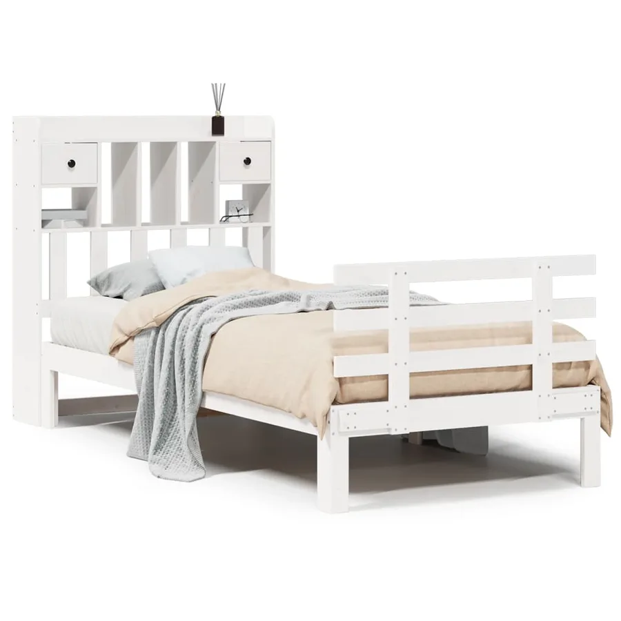 Lit bibliothèque sans matelas blanc 90x190cm bois de pin massif - 2