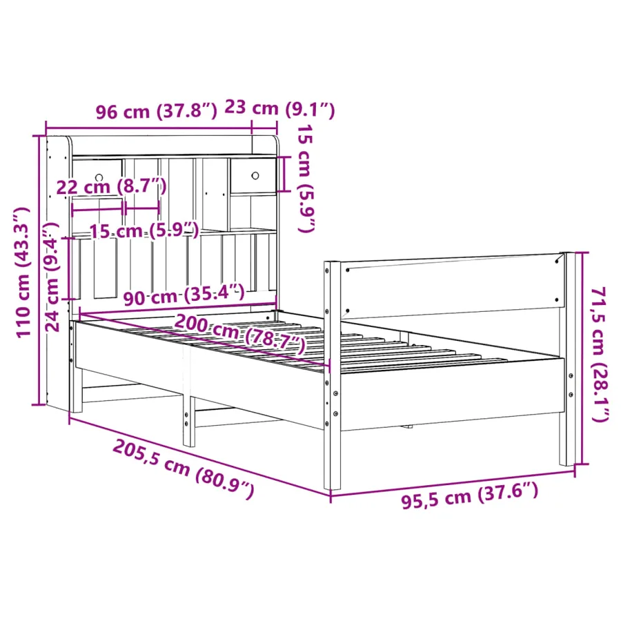 Lit bibliothèque sans matelas blanc 90x200cm bois de pin massif - 11