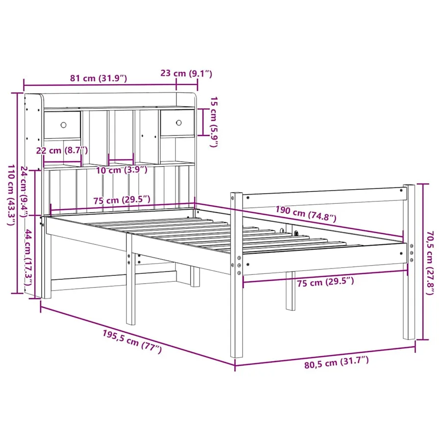 Lit bibliothèque sans matelas 75x190 cm bois de pin massif - 11
