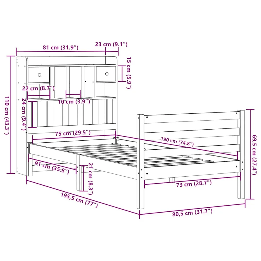 Lit bibliothèque sans matelas cire marron 75x190 cm pin massif - 11
