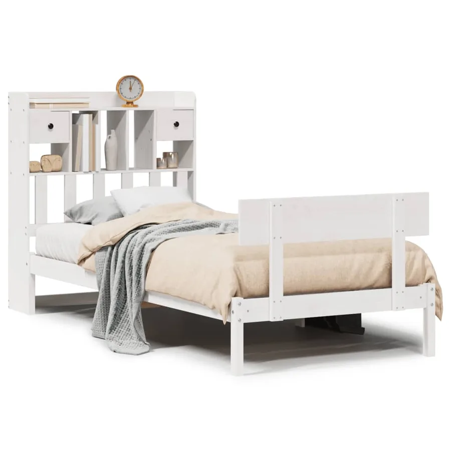 Lit bibliothèque sans matelas blanc 75x190cm bois de pin massif - 2