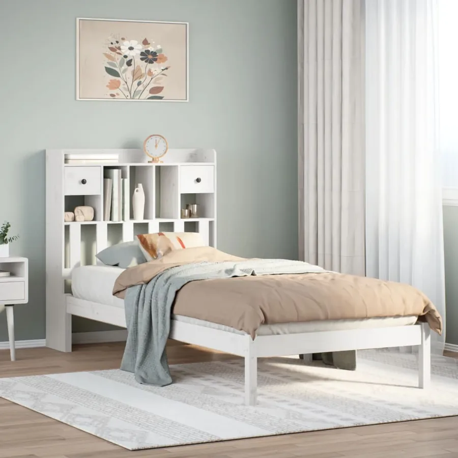 Lit bibliothèque sans matelas blanc 75x190cm bois de pin massif