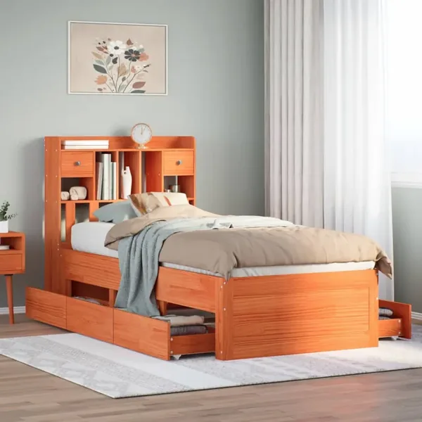 Lit bibliothèque sans matelas cire marron 100x200 cm pin massif