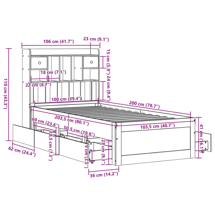 Lit bibliothèque sans matelas cire marron 100x200 cm pin massif - 15