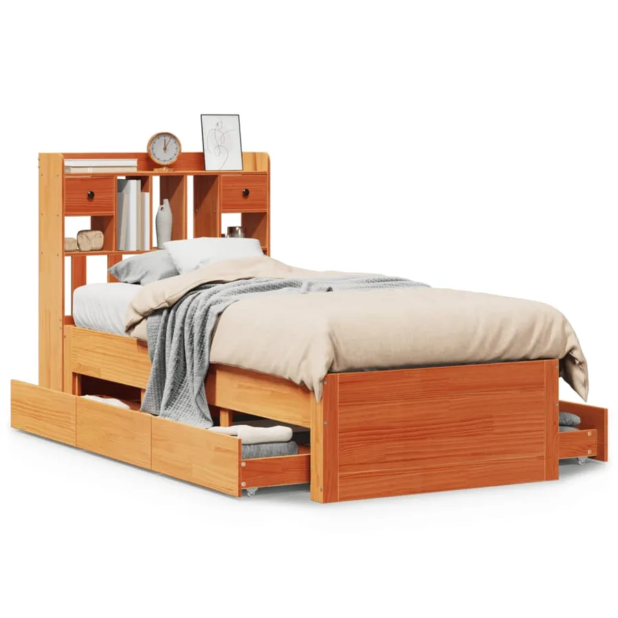 Lit bibliothèque sans matelas cire marron 100x200 cm pin massif - 2